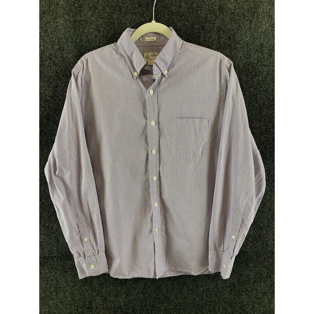 J. Crew Shirt Mens Medium 15-15.5 Purple White Micro Gingham Check 2-Ply Cotton